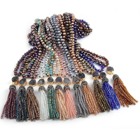 Multi Glass Knotted Druzy Link Crystal Tassel Necklaces