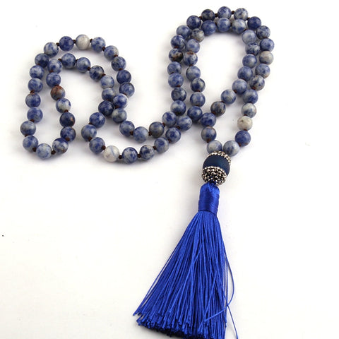 Blue Stones Beads Knotted Long Tassel Necklaces