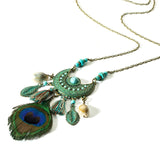 Moon Dream catcher Long tassel Peacock Feather Necklace
