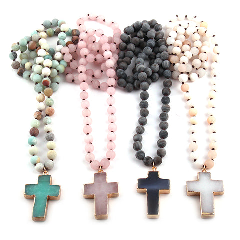 Natural Knotted Stone Cross Ethnic Necklace
