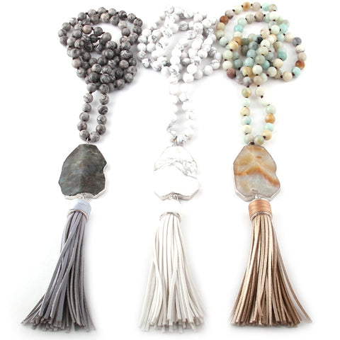 Knotted Irregular Stone Link leather Tassel Necklaces
